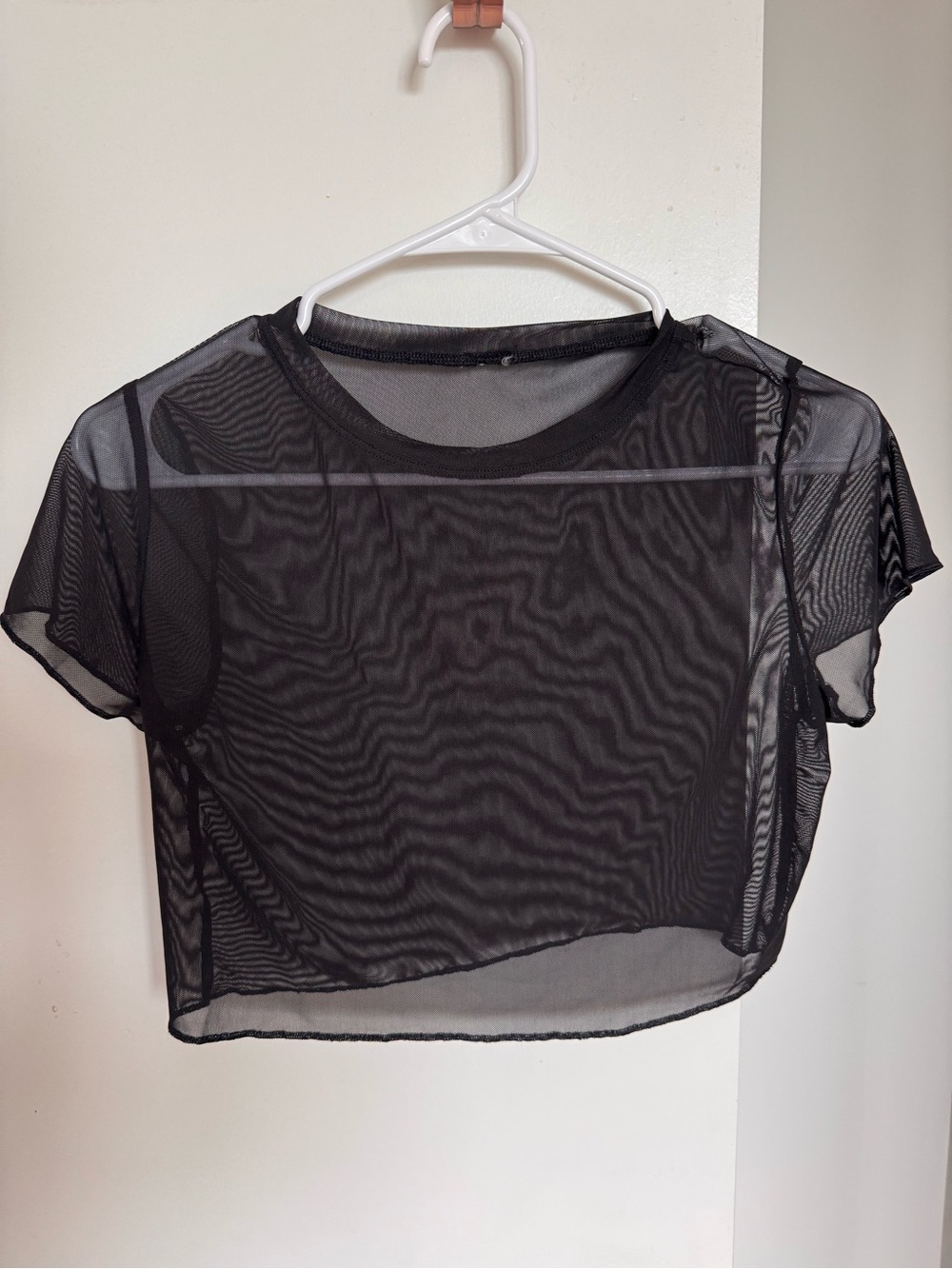 Women’s Black Sheer Mesh Cropped Crop Top Crew Neck Short Sleeve Pullover S